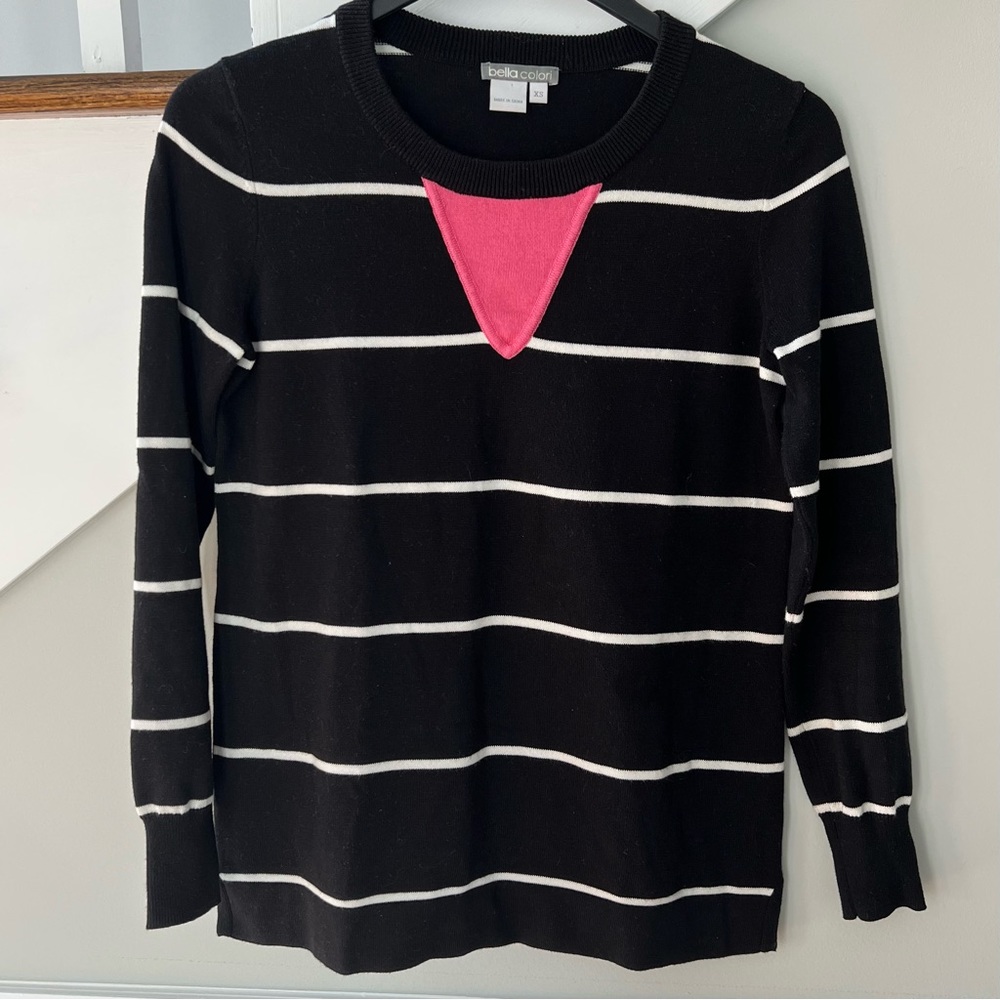 Bella Colori Black & White Stripe Women’s Sweater Top with pink Accent - Size XS